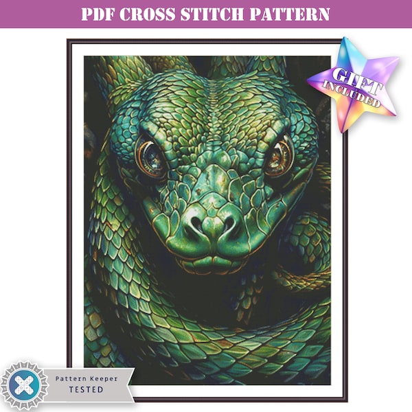 Green snake creepy medium size full coverage modern counted cross stitch pattern PDF file for Pattern Keeper or print at home