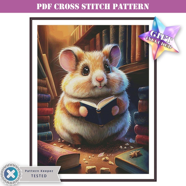 Cute baby hamster reading a book fantasy full coverage cross stitch pattern pdf compatible with Pattern Keeper app. Medium size project.