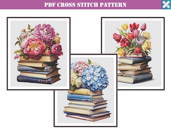 BUNDLE of 3 full coverage counted cross stitch patterns with a stack of books and flowers. Modern cross stitch chart for advanced stitchers