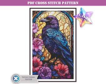 Dark magic stained glass window with a floral raven full coverage modern counted cross stitch pattern PDF file for Pattern Keeper app