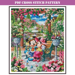 Romantic scene couple in a floral garden large full coverage cross stitch pattern for DMC threads, printable and possible to use with PK