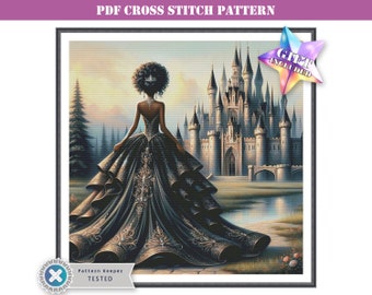 PDF cross stitch pattern - princess with a black dress and a fantasy castle. Printable digital download. Pattern Keeper app compatible.