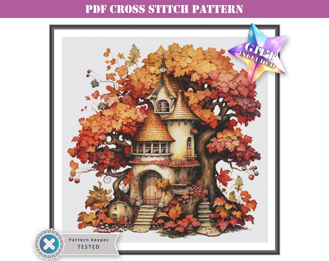 Full Coverage Cross Stitch Pattern PDF - Fantasy Fairy Autumn Tree ...