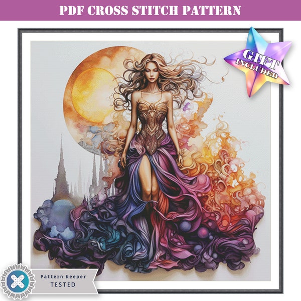 Full coverage modern counted cross stitch pattern PDF - beautiful celestial moon goddess. Printable instant digital download PK compatible