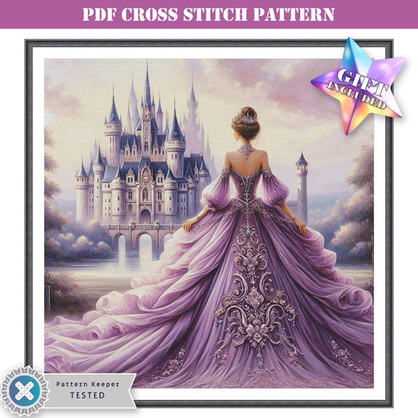 Grille PDF point de croix - une princesse lilas violette et un château fantastique. Téléchargement numérique imprimable. Compatible avec l'application Pattern Keeper.