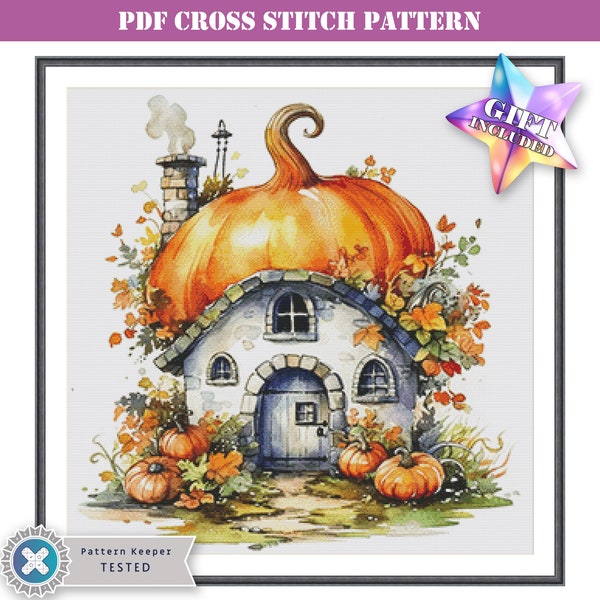 PDF counted cross stitch pattern - cozy autumn pumpkin house. Printable instant digital download. Pattern Keeper / Mark-up XR compatible.