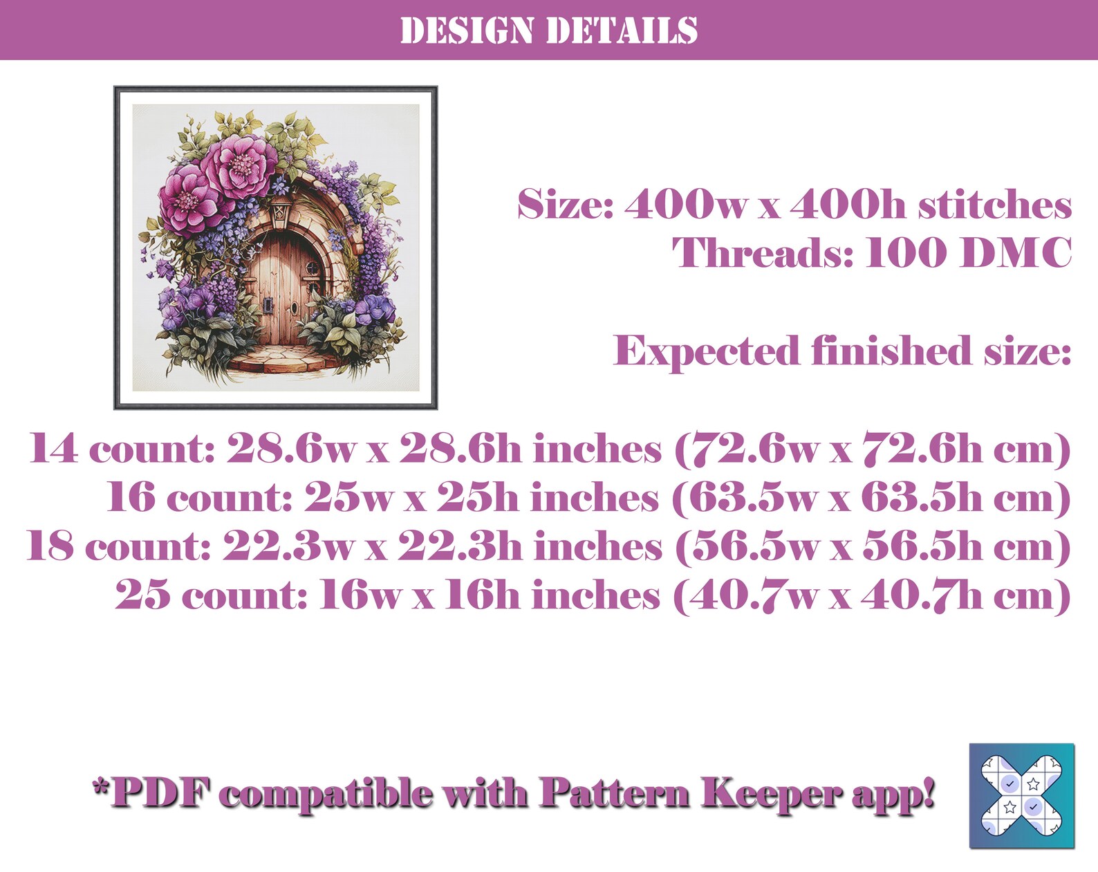 PDF Counted Cross Stitch Pattern Fantasy Violet Floral Fairy Door ...