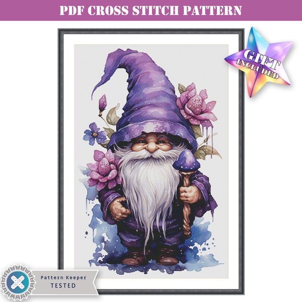 Modèle de point de croix compté PDF - mignon gnome violet. Téléchargement numérique imprimable. Compatible avec l'application Pattern Keeper. Tableau des fils DMC