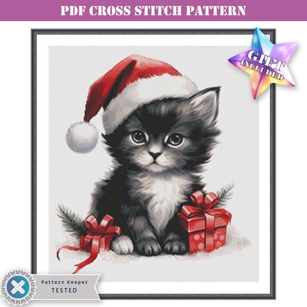 PDF counted cross stitch pattern - cute Christmas cat with a Santa hat and gifts. Printable digital download. Pattern Keeper app compatible.