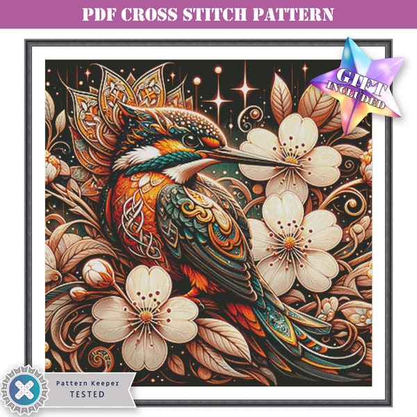 Art Nouveau kingfisher with cherry blossoms full coverage modern counted cross stitch pattern downloadable printable PDF file