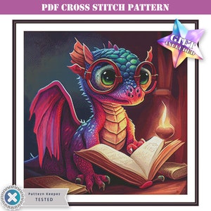 Cute baby dragon reading a book fantasy full coverage cross stitch pattern pdf compatible with Pattern Keeper app. Medium size project.