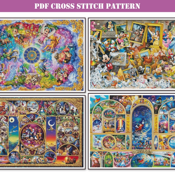 Lot de 4 superbes motifs de point de croix comptés très grandes dimensions au format PDF compatibles avec Pattern Keeper. Design moderne haute difficulté