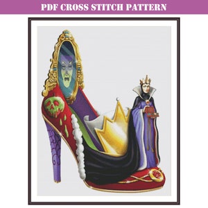 Glamorous high heel shoe of the evil queen - high difficulty full coverage modern counted cross stitch pattern PDF gift for wife