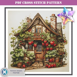 Full coverage modern cross stitch pattern PDF - fairy strawberry house. Printable instant digital download. Pattern Keeper compatible file