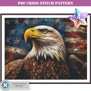 American flag and a bald eagle full coverage cross stitch pattern pdf compatible with Pattern Keeper app. Large modern design for DMC