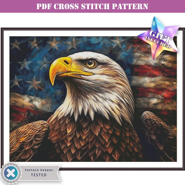 American flag and a bald eagle full coverage cross stitch pattern pdf compatible with Pattern Keeper app. Large modern design for DMC