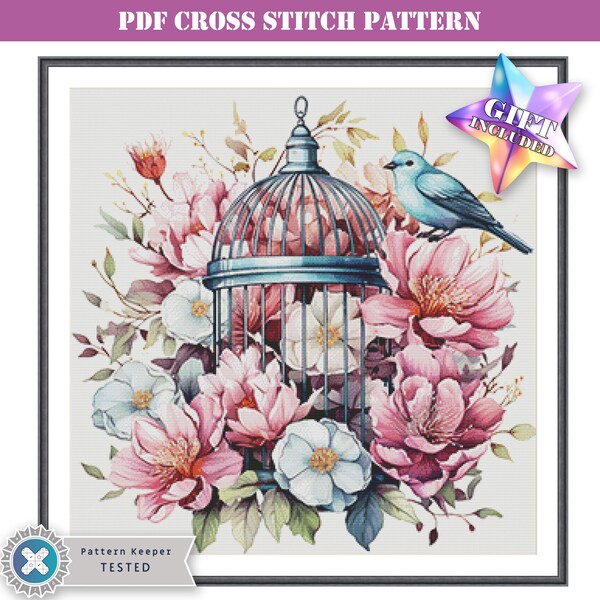 Pretty birdcage with flowers small full coverage modern counted counted cross stitch pattern  printable PDF or use with PK and Mark-up XR.