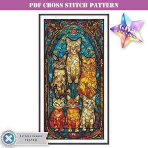 Stained glass cats large full coverage counted cross stitch pattern for advanced stitchers, compatible with Pattern Keeper app.