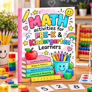 May include: A colorful educational workbook titled Math activities for PRE-K & Kindergarten Learners, featuring illustrations of a red apple, stacked books, a pencil cup, and a ruler, with text covering counting, shapes, and addition.