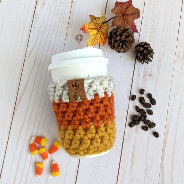 Fall Coffee Sleeve, Halloween Candy Corn, Pumpkin Cup Cozy, Reusable To Go Cup Cozy, Eco-friendly, Crochet Cozy, Coffee Decor