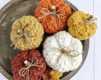 Farmhouse Crochet Pumpkins, Fall Rustic Orange Pumpkin Décor, Thanksgiving Decorations, Harvest, Stuffed Pumpkins, White Knit Yarn Pumpkin