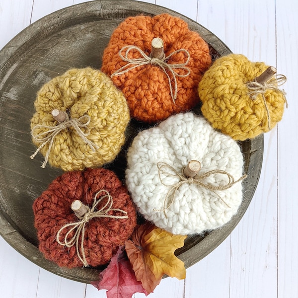 Farmhouse Crochet Pumpkins, Fall Rustic Pumpkin Décor, Thanksgiving Decorations, Harvest, Stuffed Pumpkins, Knit Pumpkin, Yarn, White, Tray