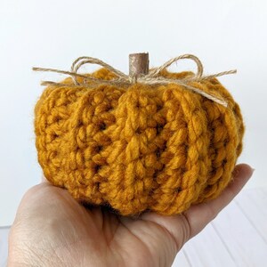 May include: A crocheted pumpkin in a mustard yellow color with a brown twig stem and twine bow.