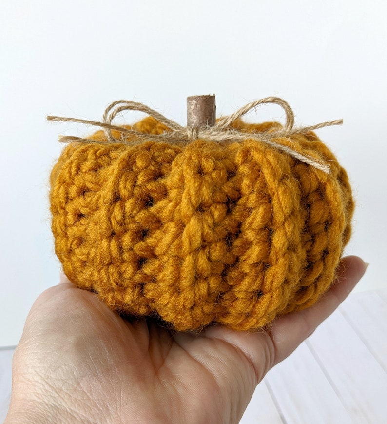 May include: A crocheted pumpkin in a mustard yellow color with a brown twig stem and twine bow.