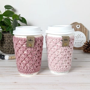 Pink Crochet Coffee Sleeve, Hot Coffee Cup Cozy, Valentine&#39;s Drink Sleeve, Knit Beverage Cozy, Crochet Cup Holder, Coffee Accessories, Heart