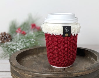 Christmas Crochet Coffee Sleeve, Santa Holiday Cup Cozy, Beverage Cozy, Hot Drink Holder, Santa Decoration, Gift for Her, Knit Coffee Cozy