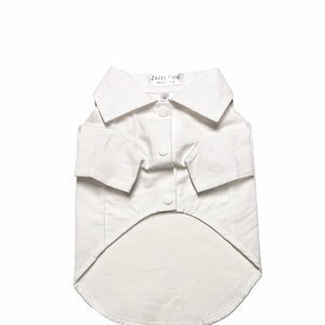 May include: White dog shirt with a button-up front and a collar. The shirt has the text "Zazzy Pets" and "Made in USA" on the label. The shirt is size M.