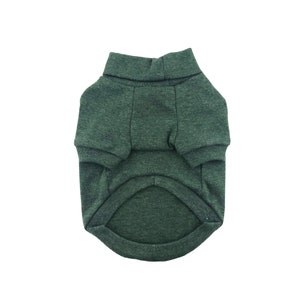 May include: A green dog sweater with a turtleneck collar and short sleeves.