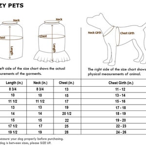 Puede incluir: Tabla de tallas para ropa de perro con medidas en pulgadas. La tabla muestra las medidas de cuello, pecho y longitud para diferentes tallas, desde XS hasta 3XL. La tabla tambi&eacute;n incluye un diagrama de un perro con medidas para la circunferencia del cuello y la circunferencia del pecho.