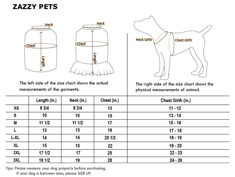 Puede incluir: Tabla de tallas para ropa de perro con medidas en pulgadas. La tabla muestra las medidas de cuello, pecho y longitud para diferentes tallas, desde XS hasta 3XL. La tabla tambi&eacute;n incluye un diagrama de un perro con medidas para la circunferencia del cuello y la circunferencia del pecho.