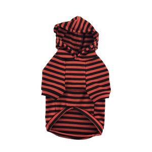 May include: Red and black striped hooded dog sweater.