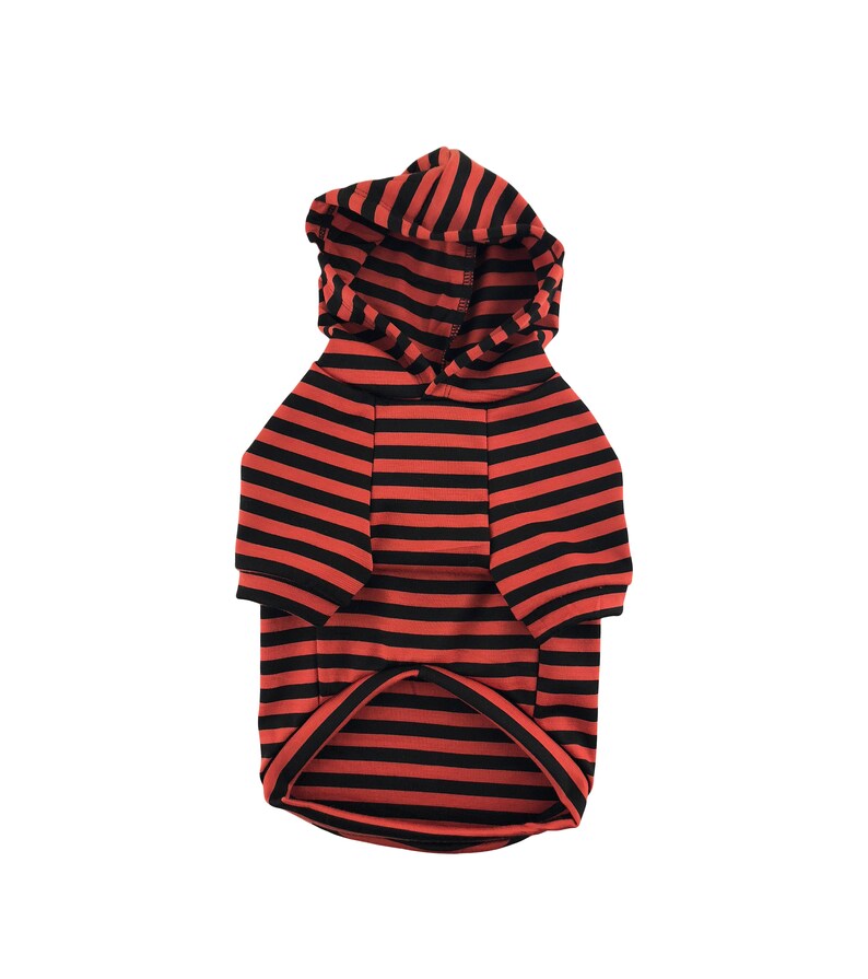 May include: Red and black striped hooded dog sweater.