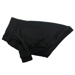 May include: A black dog sweater with a turtleneck collar and long sleeves.