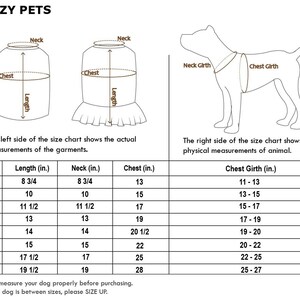 May include: Size chart for dog clothes with measurements in inches. The chart shows neck, chest, and length measurements for different sizes, from XS to 3XL. The chart also includes chest girth measurements for dogs.