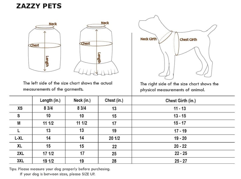 May include: Size chart for dog clothes with measurements in inches. The chart shows neck, chest, and length measurements for different sizes, from XS to 3XL. The chart also includes chest girth measurements for dogs.