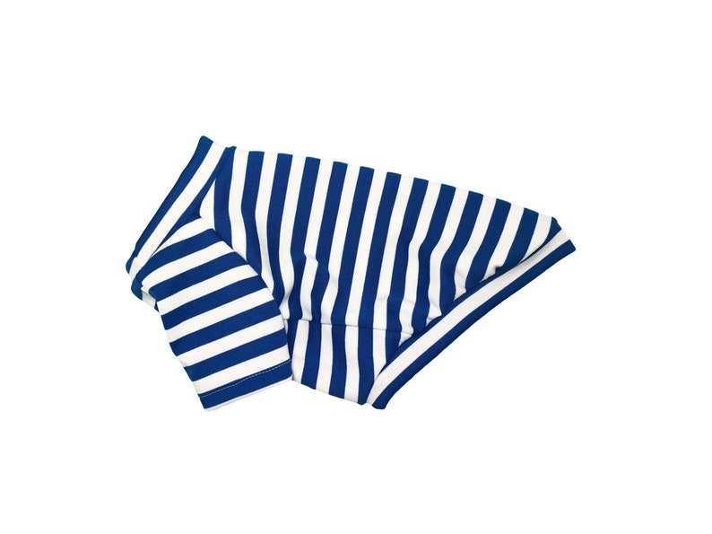 May include: A blue and white striped dog shirt. The shirt is folded in half and the stripes are vertical.