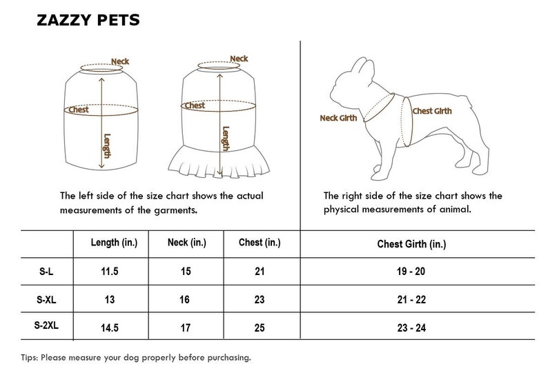 Puede incluir: Tabla de tallas para ropa de perro con medidas en pulgadas. La tabla muestra las medidas de longitud, cuello y pecho para diferentes tallas de ropa para perros. La tabla tambi&eacute;n muestra las medidas de circunferencia del pecho para diferentes tallas de perros.