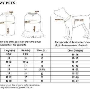 May include: Size chart for dog clothes with measurements in inches. The chart shows neck, chest, and length measurements for different sizes, from XS to 3XL. The chart also includes chest girth measurements for dogs.