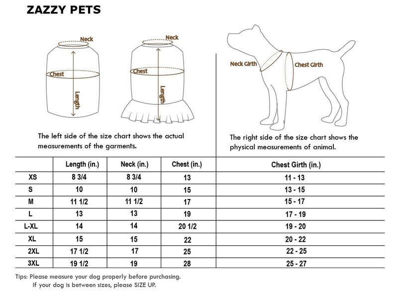 May include: Size chart for dog clothes with measurements in inches. The chart shows neck, chest, and length measurements for different sizes, from XS to 3XL. The chart also includes chest girth measurements for dogs.