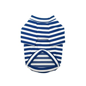 May include: A blue and white striped dog shirt with short sleeves.