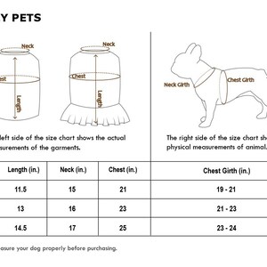 May include: Size chart for dog clothes with measurements in inches for neck, chest, and length. The chart shows two diagrams, one of a dog wearing a shirt and one of a dog with measurements for neck girth and chest girth.