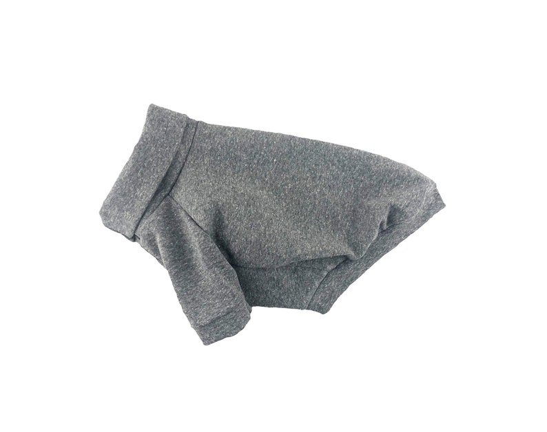 May include: A gray dog sweater with a turtleneck collar.