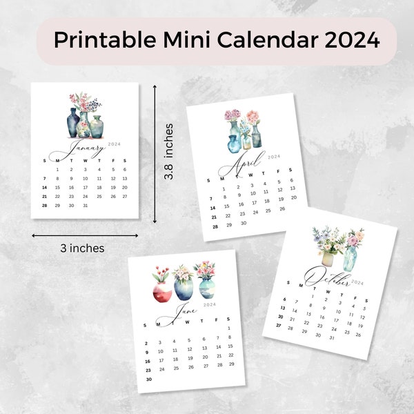 Printable 2024 Mini Calendar | 3x3.8 inches | Watercolor Floral Calendar | Desk Calendar | Calendar Cards | Sunday Start Calendar