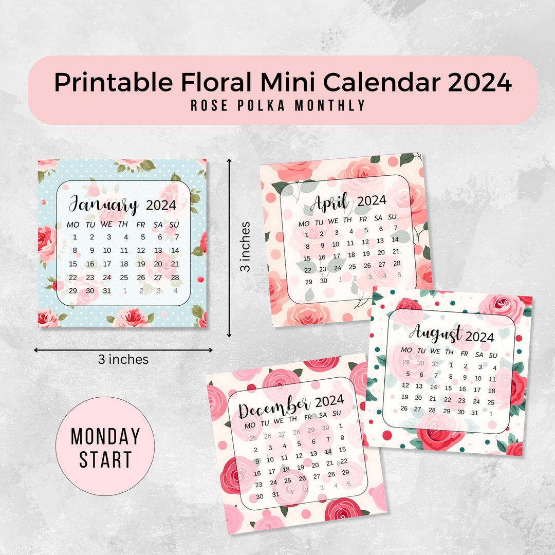 Mini Calendar 2024 Printable Mini Calendar Printable Floral Calendar Monday Start Calendar desk ...