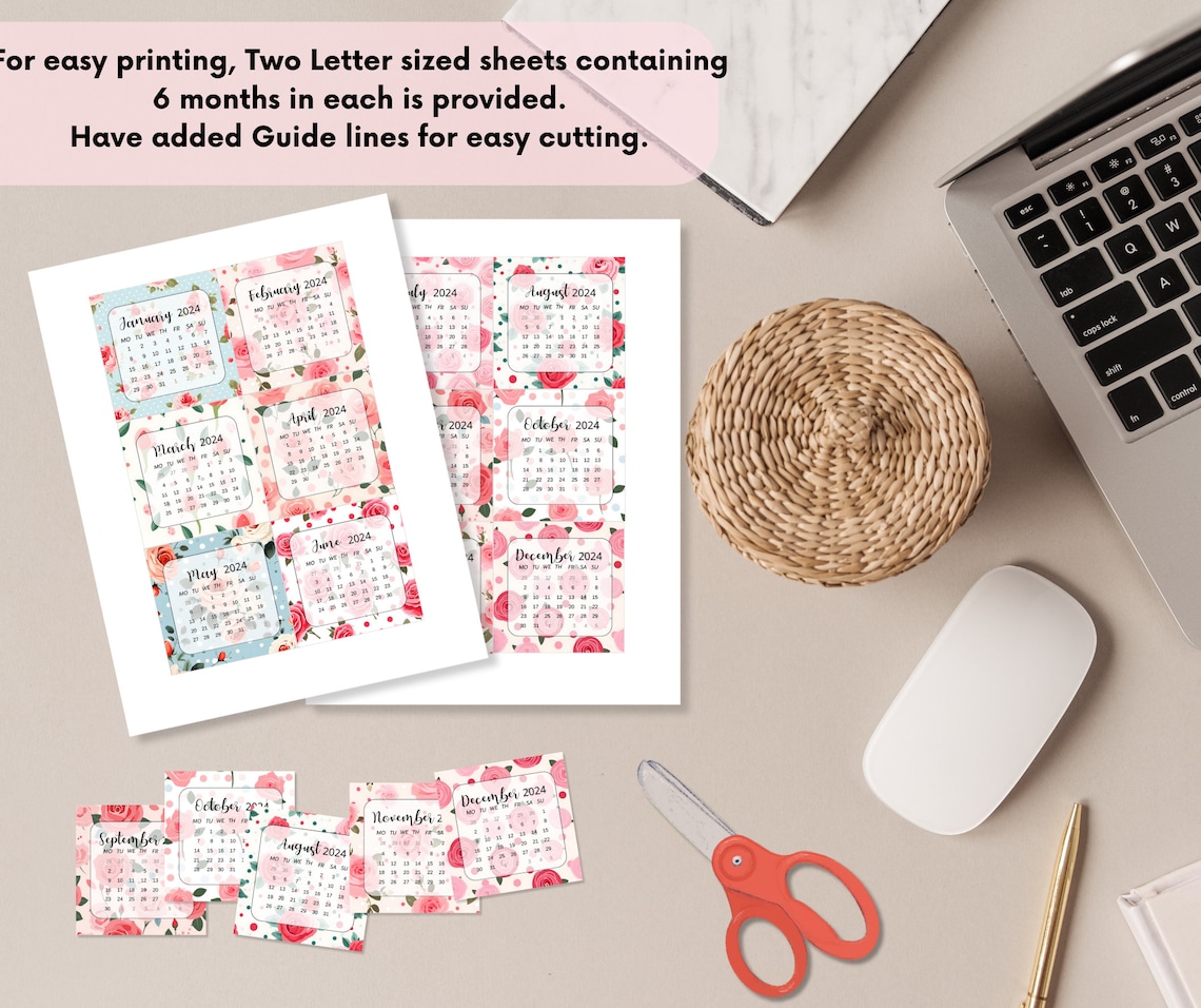 Mini Calendar 2024 Printable Mini Calendar Printable Floral Calendar Monday Start Calendar desk ...