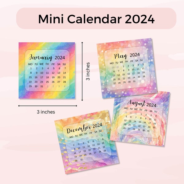 Mini Calendar 2024 | Pocket Calendar | Printable Rainbow Calendar| Monday start Calendar |Desk Calendar | Calendar Cards | Rainbow Calendar